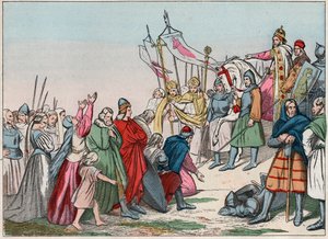 Historia Galii w średniowieczu: sasi germańscy klęczący przed królem Karolem Wielkim (742 - 814), zwycięzca wojen - Rycina z końca XIX w. w „Nasza chwała narodowa - Obrazy i recytaty”” autorstwa French School