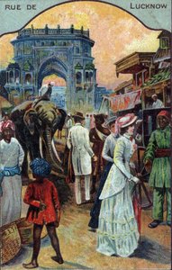 Historia turystyki: Zachodni turyści na ulicy Lucknow, Indie (zachodni turyści na ulicy Lucknow, Indie) Chromolitografia XIX wieku Zbiory prywatne autorstwa French School
