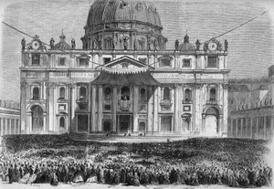 Wielki Tydzień w Rzymie: widok na Plac św. Piotra w Rzymie (Piazza San Pietro) podczas błogosławieństwa „urbi et orbi” w Wielki Czwartek i Niedzielę Wielkanocną. Grawer w „Le Monde Illustré” nr 526 z dnia 11 maja 1867 r. autorstwa French School