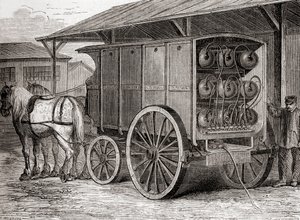 Pojazd konny używany do transportu sprężonego gazu w przenośnych pojemnikach w XIX wieku, z Les Merveilles de la Science, wydany ok. 1870 (rycina) autorstwa French School