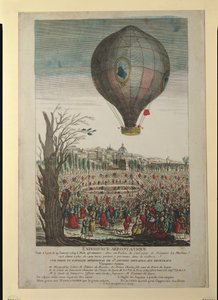 Eksperyment balonu na ogrzane powietrze braci Montgolfier i Francois Pilatre de Rozier (1754-85) w Lyonie, 19 stycznia 1784 autorstwa French School