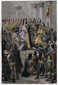 Hugh Capet wybrany na króla - Koronacja Hugues Capet (ok. 941-996), króla Francji, 3 lipca 987 w Noyon, przez Adalberona (ok. 925-990), archeweka Reims. autorstwa French School