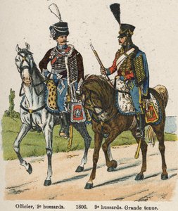 Hussars I vendemiary An XII (24 września 1803): Oficer, II hussars i 9 hussars w wielkim stroju w 1806 r. Tabliczka z książki Les Uniforms de l