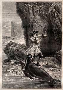 Wbiłem mu łopatę w pierś: Woodes Rogers (1679-1732) zaatakowany przez psa morskiego (foka) na jednej z wysp Galapagos na Oceanie Spokojnym w 1709 r. - ilustracja zaczerpnięta z „Wielkich marynarzy XVIII wieku” autorstwa French School