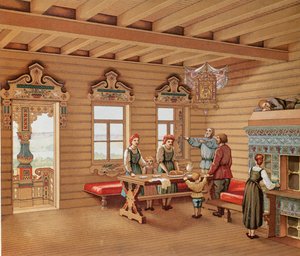Wyidealizowane wnętrze izby rosyjskiej, ok.1880 r. (kolorystyka) autorstwa French School