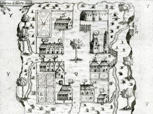 Ile Ste. Croix, najwcześniejsza francuska osada w Acadia, 1604 z Podróży Samuela de Champlaina (ok. 1580-1635), 1613 autorstwa French School