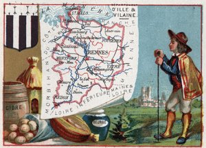 Ille-et-Vilaine (Ille et Vilaine, 35), Bretania, Francja. Cydr i Masło. Seria o francuskich departamentach. Chromolitografia (Chromo) „”nić geograficzna””, ok. 1920 r. Ze zbiorów prywatnych. autorstwa French School