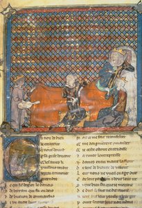 Podświetlana strona z antologii, przedstawiająca od lewej do prawej, Adenet le Roi, minstrela księcia Henryka; Hrabia Guy Flandrii; Marie, królowa Francji i żona Filipa Śmiałego (1342-1404); i Mada autorstwa French School