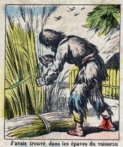Ilustracja do Księgi Daniela Defoe (De foe) „”Robinson Crusoe””. Obrazowanie epinal z końca XIX wieku. autorstwa French School