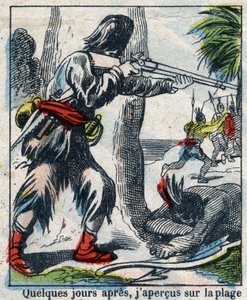 Ilustracja do Księgi Daniela Defoe (De foe) „”Robinson Crusoe””. Obrazowanie epinal z końca XIX wieku. autorstwa French School