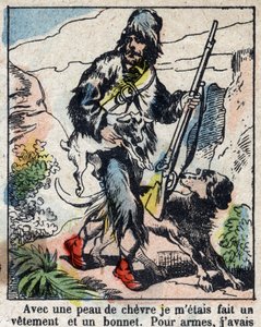 Ilustracja do Księgi Daniela Defoe (De foe) „”Robinson Crusoe””. Obrazowanie epinal z końca XIX wieku. autorstwa French School