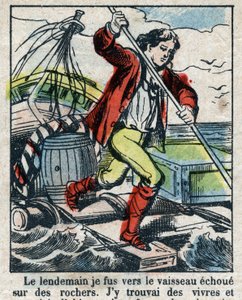Ilustracja do Księgi Daniela Defoe (De foe) „”Robinson Crusoe””. Obrazowanie epinal z końca XIX wieku. autorstwa French School