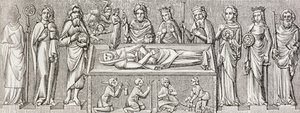 Ilustracja po płaskorzeźbie na grobie Elżbiety Węgierskiej, z książki „Życie wojskowe i religijne w średniowieczu” Paula Lacroix, wydanej w Londynie ok. 1880 r. autorstwa French School
