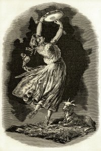 Ilustracja do "Notre-Dame de Paris" Victora Hugo: Esmeralda tańczy grając na tamburynie obok swojej kozy, początek XX wieku (lito) autorstwa French School