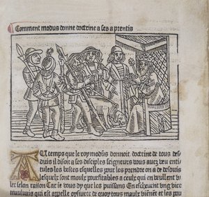 Ilustracja z Le Livre du Roy Modus et de la Reine Racio autorstwa Henri Ferrieresa, 1486 (drzeworyt i typografia) autorstwa French School