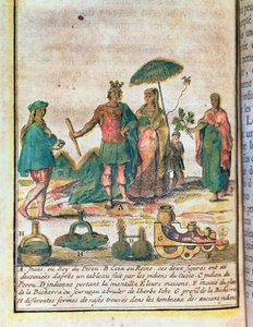 Ilustracja z historii Peru przedstawiająca króla i królową Inków z indyjskimi sługami oraz schemat bicharra autorstwa French School