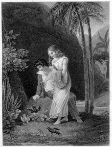 Ilustracja „Paula i Wirginii”. Roman autorstwa Henri Bernardina de Saint Pierre (Saint-Pierre lub St-Pierre), pisarz francuski (1737-1814). autorstwa French School