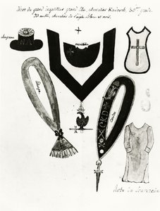 Ilustracje masońskich regaliów i stroju rycerza Kadosha, 30 stopnia, w szkockim rycie masonerii, 1813 (pióro, atrament i gwasz na papierze) autorstwa French School
