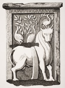 Obraz celtyckiego pomnika Świętego Wołu odnalezionego pod chórem katedry Notre Dame w Paryżu w 1711 r., z Le Moyen Age et La Renaissance autorstwa Paula Lacroix (1806-84) opublikowany w 1847 r. autorstwa French School