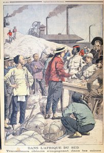 Import chińskich robotników do pracy w kopalniach złota w Afryce Południowej w 1904 r., ilustracja z Le Petit Journal, 1904
