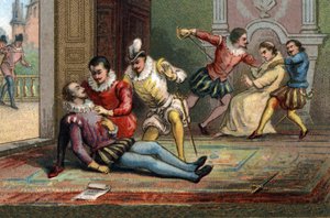 W 1589 mnich Jacques Clement zamordował króla Henryka III nożem po tym, jak zmusił go do przeczytania listu. Król zginął w ramionach Henryka Nawarry. Chromolitografia około 1890 r. autorstwa French School