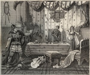 W 978 Lothaire (941-986), król franków (Lothair) wszedł do pałacu Ottona II Świętego Cesarstwa (955-983) i jego żony Theophano lub Theophanu lub Theophania Skleraina (655-991) w Akwizgranie, ale rodzina cesarska była w stanie schwytać. ilustracja ja autorstwa French School