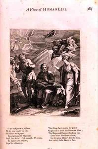W obecności śmierci, ilustracja z wiersza „Widok na ludzkie życie”, z „Doktryny moralności” Marin Le Roy de Gomberville (1600-74) sztychowanej przez Dareta (rycina) autorstwa French School