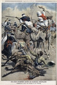 Po angielsku Sahara: walka pomiędzy francuskimi touaregami, ilustracja z gazety „Le Petit Journal” 17 marca autorstwa French School