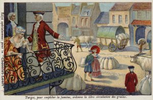 Aby zapobiec głodowi, Anne-Robert-Jacques Turgot nakazuje bezpłatną dystrybucję zboża, Francja, ok. 1770 r. autorstwa French School