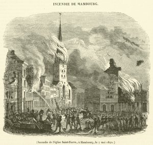 Spalenie kościoła św. Piotra, Hamburg, 7 maja 1842 (rycina) autorstwa French School
