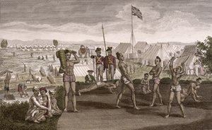 Indyjscy wojownicy ćwiczący z widokiem na obóz angielskich rezydentów, ok. 1810 r. autorstwa French School