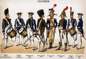 Piechota: bęben, bęben major i muzyk od 1772 do 1818 r. Płyta z książki Les Uniforms de l
