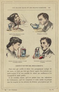 Połykanie leku za pomocą zgłębnika, Fumigacja czajnikiem, Inhalacja balsamiczna i gazowa za pomocą gazyfikatora inhalatora, Rozpylanie reaktywne za pomocą spryskiwacza reakcyjnego (kolor lito) autorstwa French School