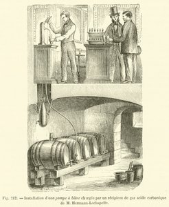 Montaż pompy do piwa ładowanej zbiornikiem gazowego kwasu węglowego firmy M Hermann-Lachapelle (grawerowanie) autorstwa French School