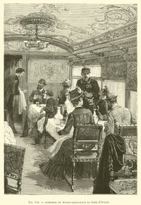 Wnętrze wagonu-restauracji pociągu Orient (grafika) autorstwa French School