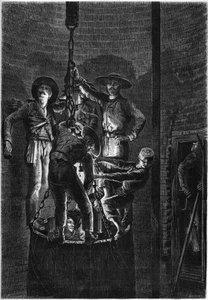Wygląd wnętrza studni kopalnianej: wejście na śmietnik. 1861. Grawer w „”Le Monde Illustré””n°238 z 2 listopada autorstwa French School