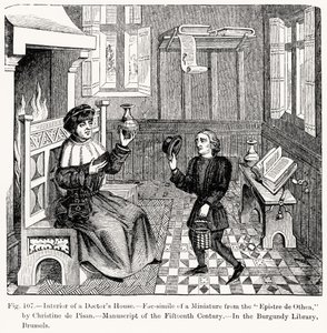 Wnętrze Domu Lekarzy, z Epistre dOthea Christine de Pisan, ilustracja z Nauki i literatury w średniowieczu i renesansie, napisana i rytowana przez Paula Lacroix, 1878 (engravi autorstwa French School