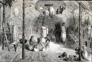 Wnętrze chaty indyjskiej w latach 60. XIX wieku (rycina) autorstwa French School