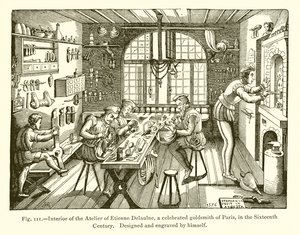 Wnętrze Atelier Etienne Delaulne, sławnego złotnika paryskiego, w XVI wieku autorstwa French School