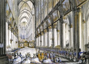 Widok wnętrza katedry Notre-Dame de Paris w chwili przybycia Marii Antoniny (1755-1793), królowej Francji, na słynną mszę z okazji narodzin jej syna, przyszłego Ludwika XVII (1785-1795). Grawerowanie XVIII wieku. autorstwa French School