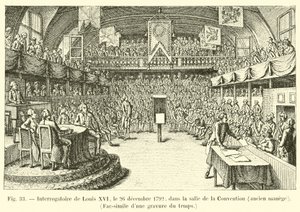 Przesłuchanie Ludwika XVI, 26 grudnia 1792, w Salle de la Convention, dawna ujeżdżalnia, Faksymile ryciny z tamtych czasów autorstwa French School