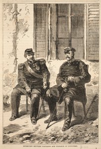 Wywiad między Napoleonem a Bismarckiem w Doncherry, ilustracja z Historii wojny Cassells między Francją a Niemcami, 1870-1871 autorstwa French School