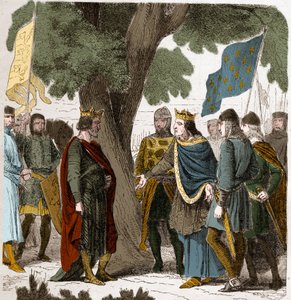 Wywiad z Gisors w Górnej Normandii między królem Filipem Augustem i królem Henrykiem II 2 Plantagenetem z Anglii (1133-1189) w 1188. autorstwa French School