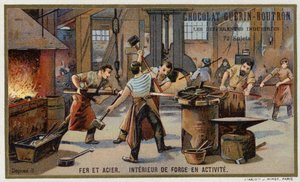 Żelazo i stal. Wnętrze ruchliwej kuźni (chromolitho) autorstwa French School