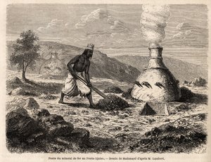 Wytapianie rudy żelaza w Fouta Djalon w Senegalu, rysunek Hadamarda ilustrujący podróż porucznika Lamberta do Fouta Djalon w 1860 r. Rycina w "Le tour du monde" 1861. Kolekcja Selvy. autorstwa French School