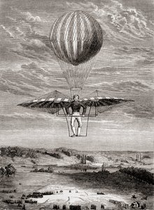 Ornitopter Jacoba Degena z 1808 r. z zaworami klapowymi, w którym pilot stał na sztywnej ramie i obsługiwał skrzydła za pomocą ruchomego poziomego pręta, z "Les Merveilles de la Science", opublikowanego ok. 1870 r. (litografia) autorstwa French School