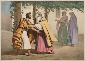 Jakub z Labanem i jego córkami, ilustracja z katechizmu LHistoire Sainte, wyd. Charles Delagrave, Paryż, koniec XIX w. autorstwa French School
