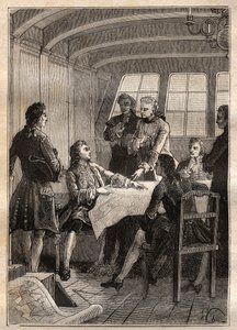 Jakob (Jacob) Roggeveen (1659-1729) holenderski odkrywca podczas swojej wyprawy na Pacyfik w 1722 r. - ilustracja z „Wielkich marynarzy XVIII wieku”” autorstwa French School