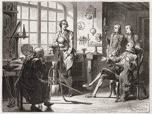 James Watt (wynalazca maszyny parowej w 1769 r.) w swoim sklepie Glascow - w „Albumie nauki”; wybitni naukowcy; Wielkie odkrycia”” 1896. autorstwa French School