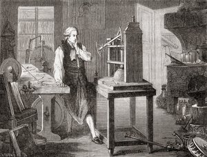 James Watt w swoim warsztacie w Glasgow ulepszał maszynę parową Thomasa Newcomena 1712 Newcomen z silnikiem parowym Watta w 1781, z Les Merveilles de la Science, wyd. 1870. autorstwa French School